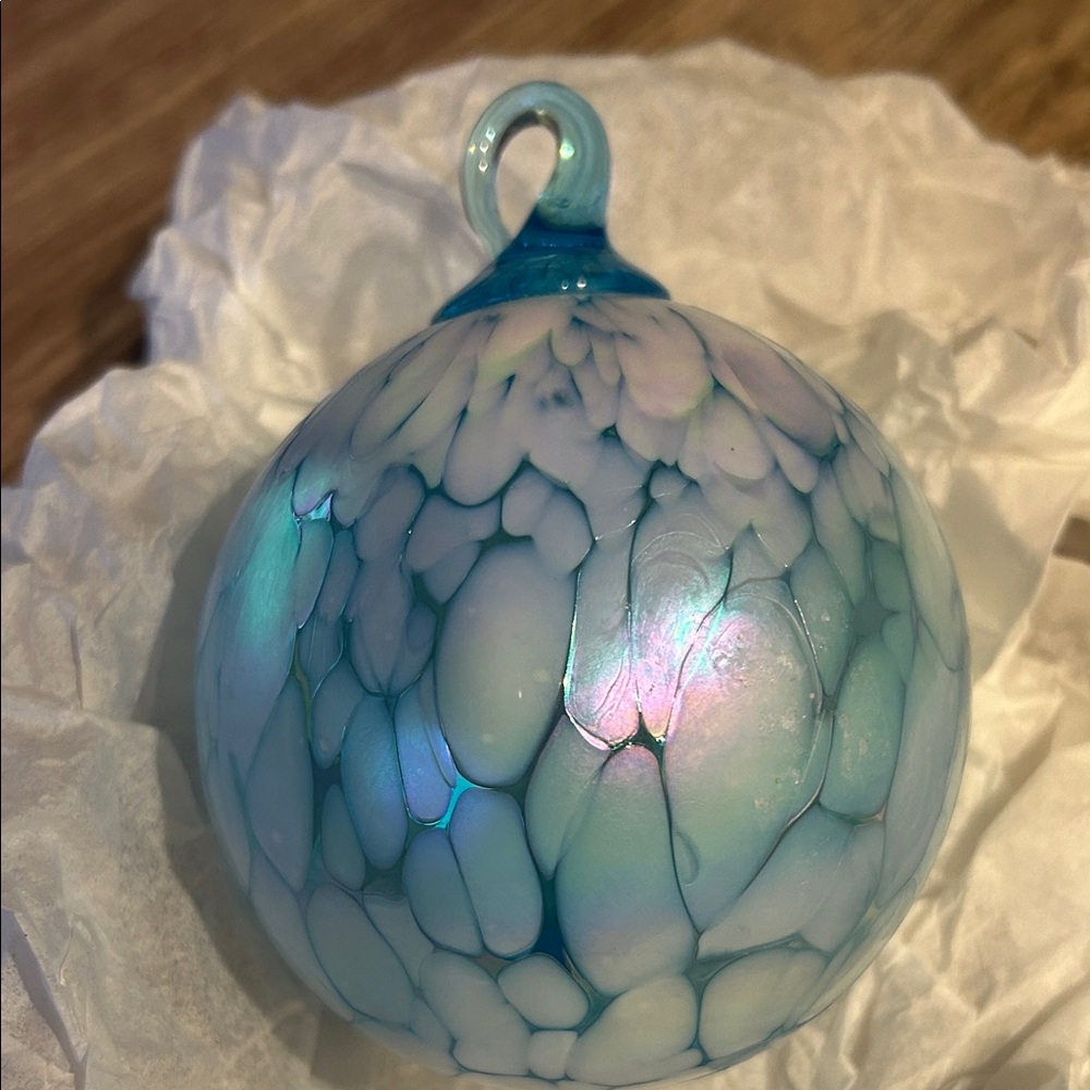 Glass Eye white & blue Iridescent Handblown Glass Ornament - Picture 2 of 4